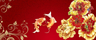 金黄色中国风牡丹花富贵金鱼吉祥图案展板背景